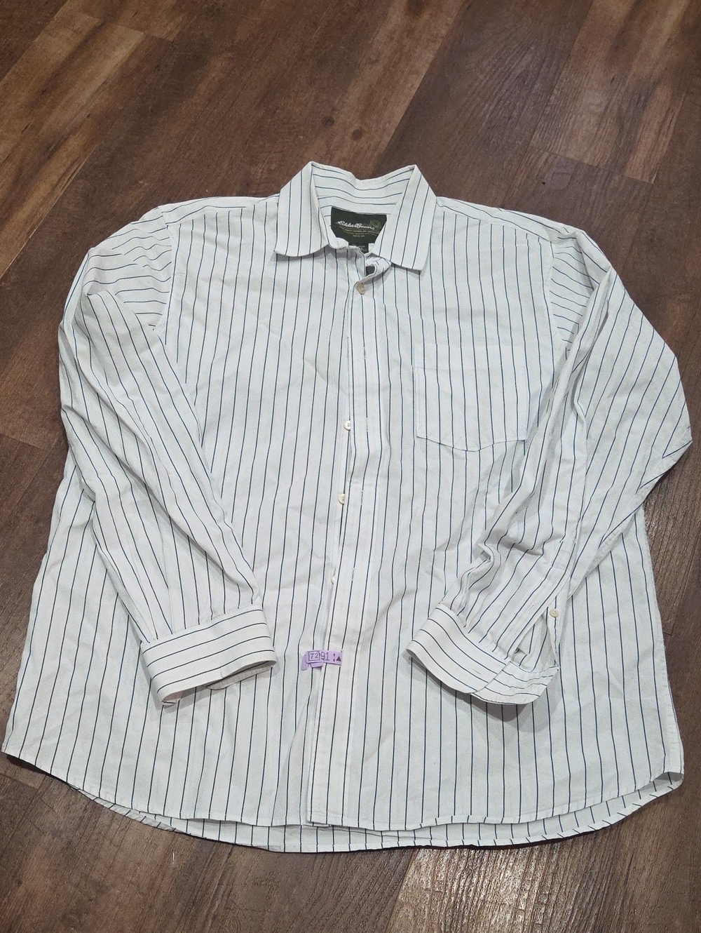 Eddie Bauer White Button-Up Shirt with Navy Pinstripes